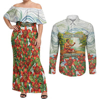 Fiji Taveuni Island Dateline Crossing Couples Matching Off Shoulder Maxi Dress and Long Sleeve Button Shirt Tropical Cultural Landscape With Tagimoucia Floral Pattern