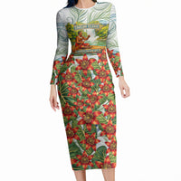 Fiji Taveuni Island Dateline Crossing Long Sleeve Bodycon Dress Tropical Cultural Landscape With Tagimoucia Floral Pattern