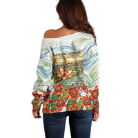 Fiji Taveuni Island Dateline Crossing Off Shoulder Sweater Tropical Cultural Landscape With Tagimoucia Floral Pattern