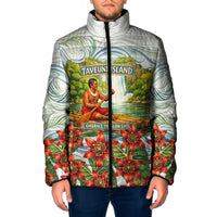 Fiji Taveuni Island Dateline Crossing Padded Jacket Tropical Cultural Landscape With Tagimoucia Floral Pattern