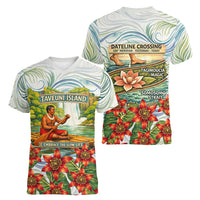 Fiji Taveuni Island Dateline Crossing Women V-Neck T-Shirt Tropical Cultural Landscape With Tagimoucia Floral Pattern
