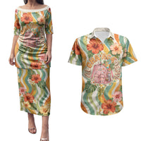 Hawaii Aloha Academy Back To School Couples Matching Puletasi and Hawaiian Shirt Sea Turtle Tropical Hibiscus Flowers Retro Psychedelic