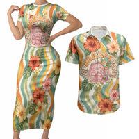 Hawaii Aloha Academy Back To School Couples Matching Short Sleeve Bodycon Dress and Hawaiian Shirt Sea Turtle Tropical Hibiscus Flowers Retro Psychedelic