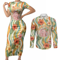 Hawaii Aloha Academy Back To School Couples Matching Short Sleeve Bodycon Dress and Long Sleeve Button Shirt Sea Turtle Tropical Hibiscus Flowers Retro Psychedelic