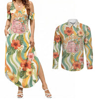Hawaii Aloha Academy Back To School Couples Matching Summer Maxi Dress and Long Sleeve Button Shirt Sea Turtle Tropical Hibiscus Flowers Retro Psychedelic