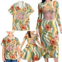 Hawaii Aloha Academy Back To School Family Matching Long Sleeve Bodycon Dress and Hawaiian Shirt Sea Turtle Tropical Hibiscus Flowers Retro Psychedelic