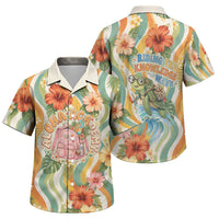 Hawaii Aloha Academy Back To School Family Matching Off The Shoulder Long Sleeve Dress and Hawaiian Shirt Sea Turtle Tropical Hibiscus Flowers Retro Psychedelic