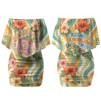 Hawaii Aloha Academy Back To School Family Matching Off Shoulder Short Dress and Hawaiian Shirt Sea Turtle Tropical Hibiscus Flowers Retro Psychedelic