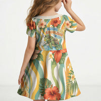 Hawaii Aloha Academy Back To School Kid Short Sleeve Dress Sea Turtle Tropical Hibiscus Flowers Retro Psychedelic