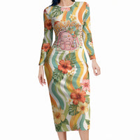 Hawaii Aloha Academy Back To School Long Sleeve Bodycon Dress Sea Turtle Tropical Hibiscus Flowers Retro Psychedelic
