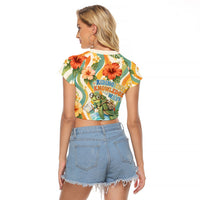 Hawaii Aloha Academy Back To School Raglan Cropped T Shirt Sea Turtle Tropical Hibiscus Flowers Retro Psychedelic
