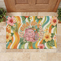 Hawaii Aloha Academy Back To School Rubber Doormat Sea Turtle Tropical Hibiscus Flowers Retro Psychedelic