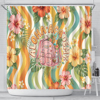 Hawaii Aloha Academy Back To School Shower Curtain Sea Turtle Tropical Hibiscus Flowers Retro Psychedelic