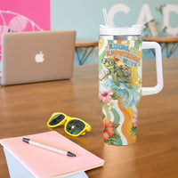 Hawaii Aloha Academy Back To School Tumbler With Handle Sea Turtle Tropical Hibiscus Flowers Retro Psychedelic