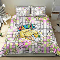 Hawaii Cruising Back To School Bedding Set Grid Pattern With School Bag And Vintage Surf Van