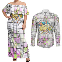 Hawaii Cruising Back To School Couples Matching Off Shoulder Maxi Dress and Long Sleeve Button Shirt Grid Pattern With School Bag And Vintage Surf Van
