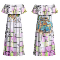 Hawaii Cruising Back To School Couples Matching Off Shoulder Maxi Dress and Long Sleeve Button Shirt Grid Pattern With School Bag And Vintage Surf Van