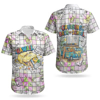 Hawaii Cruising Back To School Couples Matching Short Sleeve Bodycon Dress and Hawaiian Shirt Grid Pattern With School Bag And Vintage Surf Van