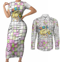 Hawaii Cruising Back To School Couples Matching Short Sleeve Bodycon Dress and Long Sleeve Button Shirt Grid Pattern With School Bag And Vintage Surf Van