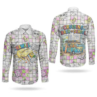 Hawaii Cruising Back To School Couples Matching Tank Maxi Dress and Long Sleeve Button Shirt Grid Pattern With School Bag And Vintage Surf Van