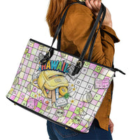 Hawaii Cruising Back To School Leather Tote Bag Grid Pattern With School Bag And Vintage Surf Van