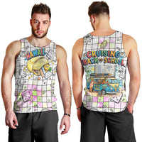 Hawaii Cruising Back To School Men Tank Top Grid Pattern With School Bag And Vintage Surf Van