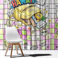 Hawaii Cruising Back To School Window Curtain Grid Pattern With School Bag And Vintage Surf Van
