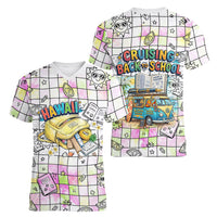 Hawaii Cruising Back To School Women V-Neck T-Shirt Grid Pattern With School Bag And Vintage Surf Van