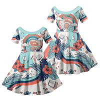 Personalized Hawaii Back To School Family Matching Short Sleeve Bodycon Dress and Hawaiian Shirt Retro Rainbow Sun with Tropical Hibiscus Flowers TS04 Daughter's Dress White Blue - Polynesian Pride