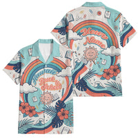Personalized Hawaii Back To School Family Matching Tank Maxi Dress and Hawaiian Shirt Retro Rainbow Sun with Tropical Hibiscus Flowers TS04 Dad's Shirt - Short Sleeve White Blue - Polynesian Pride