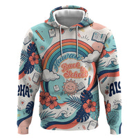 Personalized Hawaii Back To School Zip Hoodie Retro Rainbow Sun with Tropical Hibiscus Flowers TS04 Pullover Hoodie White Blue - Polynesian Pride