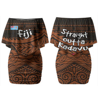 Straight Outta Kadavu Fiji Couples Matching Off Shoulder Short Dress and Hawaiian Shirt Tribal Polynesian Tattoo Coat Of Arms Flag