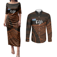 Straight Outta Kadavu Fiji Couples Matching Puletasi and Long Sleeve Button Shirt Tribal Polynesian Tattoo Coat Of Arms Flag