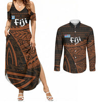 Straight Outta Kadavu Fiji Couples Matching Summer Maxi Dress and Long Sleeve Button Shirt Tribal Polynesian Tattoo Coat Of Arms Flag