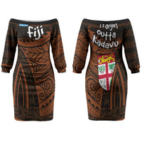 Straight Outta Kadavu Fiji Family Matching Off The Shoulder Long Sleeve Dress and Hawaiian Shirt Tribal Polynesian Tattoo Coat Of Arms Flag