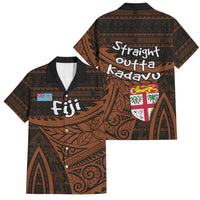 Straight Outta Kadavu Fiji Family Matching Off Shoulder Short Dress and Hawaiian Shirt Tribal Polynesian Tattoo Coat Of Arms Flag