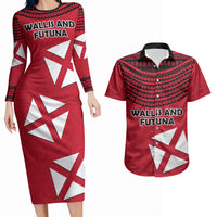 Wallis And Futuna Couples Matching Long Sleeve Bodycon Dress and Hawaiian Shirt Polynesian Tattoo Flag Map