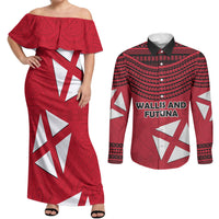 Wallis And Futuna Couples Matching Off Shoulder Maxi Dress and Long Sleeve Button Shirt Polynesian Tattoo Flag Map