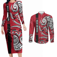 Wallis And Futuna Couples Matching Long Sleeve Bodycon Dress and Long Sleeve Button Shirt Tribal Polynesian Tattoo Flag Motif