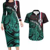 Wallis And Futuna Couples Matching Long Sleeve Bodycon Dress and Hawaiian Shirt Tribal Polynesian Tattoo Heritage Cross Flag