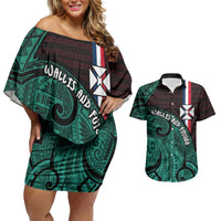 Wallis And Futuna Couples Matching Off Shoulder Short Dress and Hawaiian Shirt Tribal Polynesian Tattoo Heritage Cross Flag
