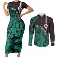 Wallis And Futuna Couples Matching Short Sleeve Bodycon Dress and Long Sleeve Button Shirt Tribal Polynesian Tattoo Heritage Cross Flag