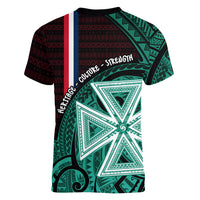 Wallis And Futuna Women V-Neck T-Shirt Tribal Polynesian Tattoo Heritage Cross Flag