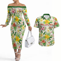 Hawaiian Piko Threads Of Paradise Aloha Couples Matching Off The Shoulder Long Sleeve Dress and Hawaiian Shirt Tropical Hibiscus Plumeria