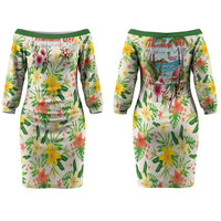 Hawaiian Piko Threads Of Paradise Aloha Couples Matching Off The Shoulder Long Sleeve Dress and Long Sleeve Button Shirt Tropical Hibiscus Plumeria