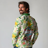 Hawaiian Piko Threads Of Paradise Aloha Long Sleeve Polo Shirt Tropical Hibiscus Plumeria
