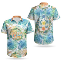 Hawaiian Piko Cultural Pride Aloha Couples Matching Mermaid Dress and Hawaiian Shirt Watercolor Spiral Art - Tropical Plumeria Lei Garland