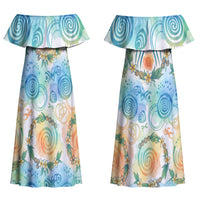 Hawaiian Piko Cultural Pride Aloha Couples Matching Off Shoulder Maxi Dress and Hawaiian Shirt Watercolor Spiral Art - Tropical Plumeria Lei Garland