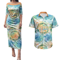 Hawaiian Piko Cultural Pride Aloha Couples Matching Puletasi and Hawaiian Shirt Watercolor Spiral Art - Tropical Plumeria Lei Garland