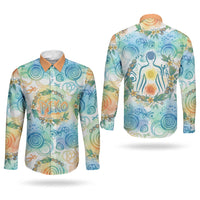 Hawaiian Piko Cultural Pride Aloha Couples Matching Puletasi and Long Sleeve Button Shirt Watercolor Spiral Art - Tropical Plumeria Lei Garland